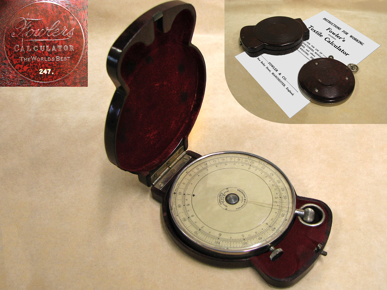 Rare 1920's Fowler's textile calculator with bakelite backplate and outer case